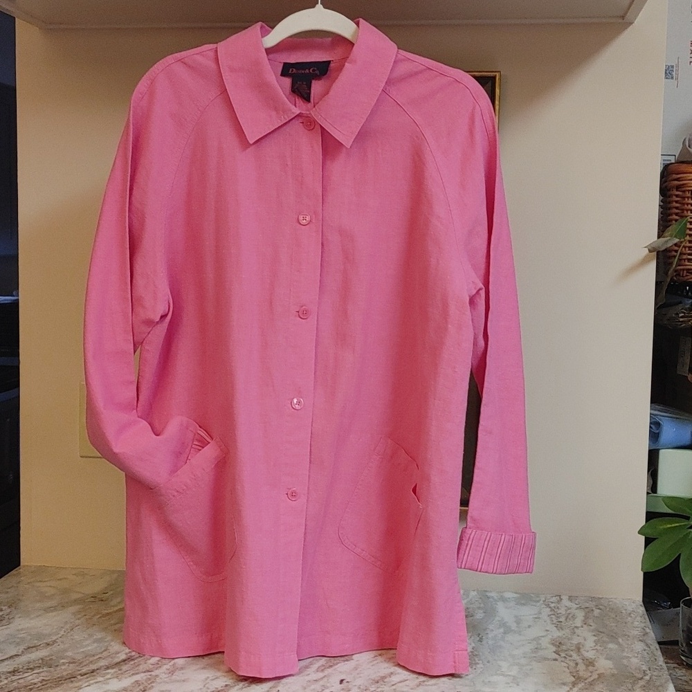 Denim & Co. Pink Oversized Linen Cotton Shirt Patch Pockets Size M - Picture 13 of 15